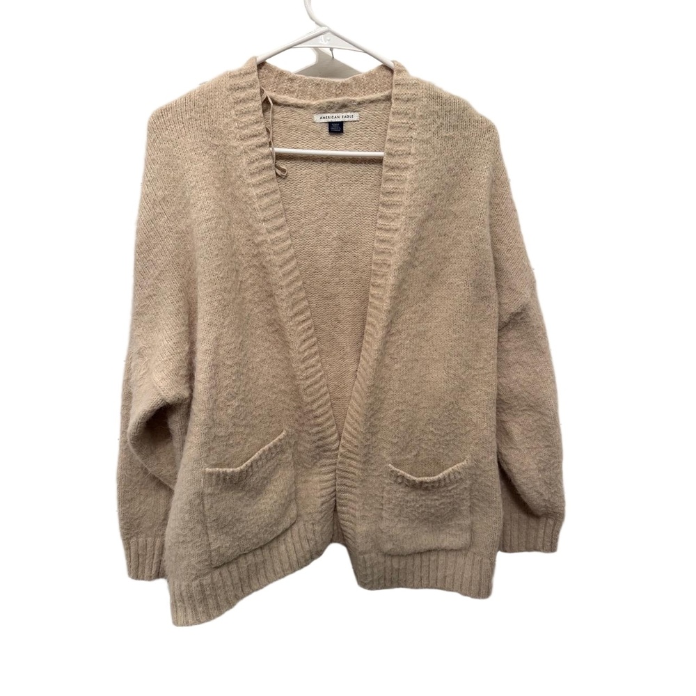 American Eagle Cardigan Womens‎ Size M Light Beige Fuzzy Open Front Pockets